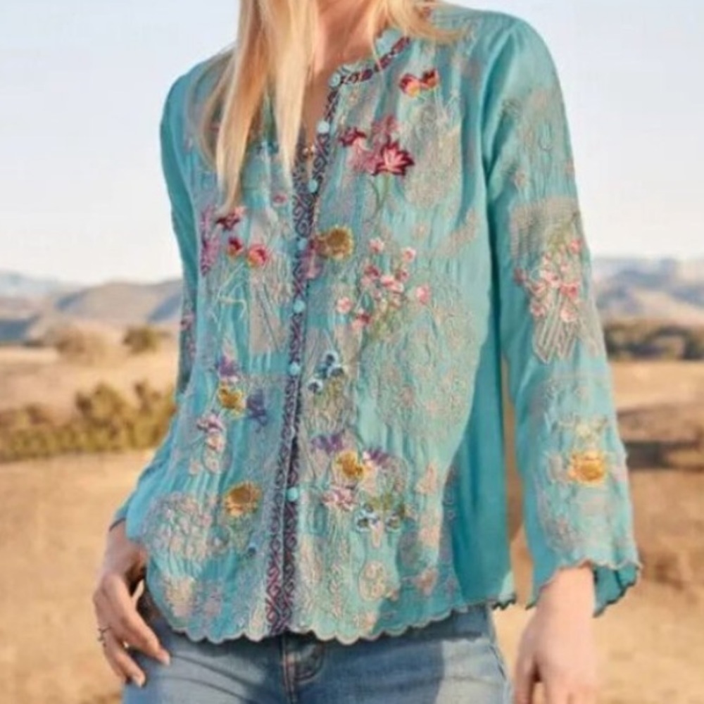 Johnny Was Turquoise Floral Embroidered Tunic Top - Picture 3 of 14